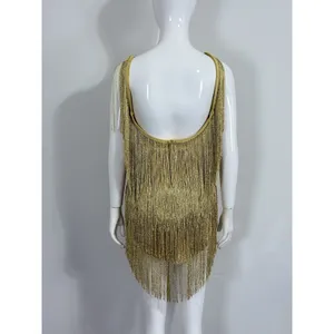Women’s Yellow Gold Flapper Fringe Gypsy Mini Dress Low Back Party Dance Size S thumbnail 2