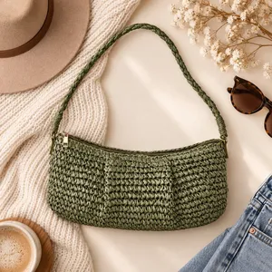 A New Day Women Olive Green Straw Crochet Shoulder Bag Baguette Zipper Closure thumbnail 2