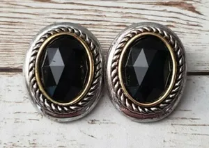 Vintage Clip On Earrings Black Center Oval Fancy Two Tone Halo thumbnail 1
