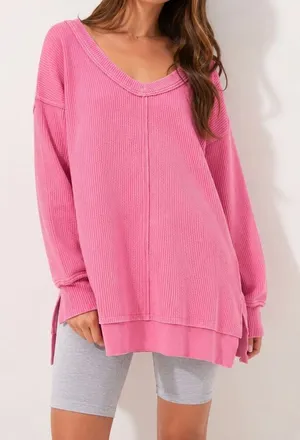 Aerie Pink Waffle Knit Oversized Tunic Top Size M Cozy Lounge Casual thumbnail 1