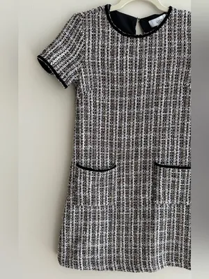 CeCe Tweed Shift Dress with Patch Pockets, Black/Pink/Gold/White, Size 4 thumbnail 7