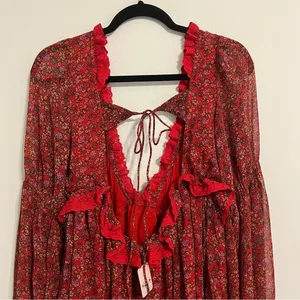 Free People Dress Pennie Babydoll Mini Red Floral Chiffon Boho Open Back… thumbnail 9