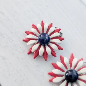 Vintage Clip On Earrings Red, White, Blue Statement Flower thumbnail 6