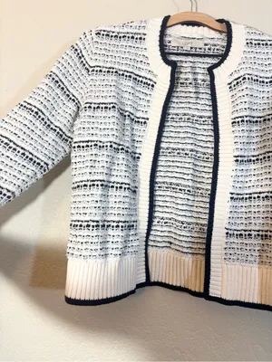 NWT Loft Blue White Stripe Tweed Textured Open Ribbed Cardigan Size S thumbnail 3