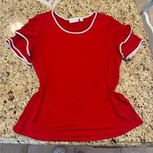 Susan Graver Red Women's Top with White Trim ruffle sleeves size Large thumbnail 1