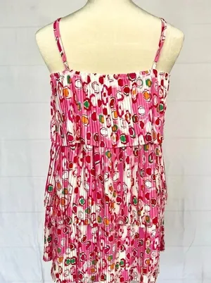 TCEC Pleated Tiered Circle Print Mini Dress Spaghetti Strap Pink Red White M thumbnail 7