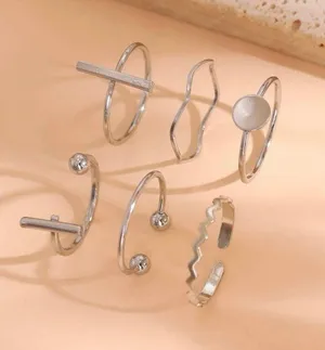 6 pc rings set, pretty bar ring, ball ring, adjustable, wave Silver thumbnail 2