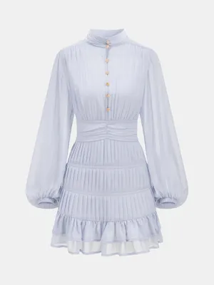 Commense soft blue Pleated Button Long Sleeve Ruffled Mini Dress XS New thumbnail 1