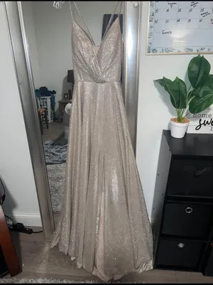 Sherri Hill Champagne Sparkle Plunging A-Line Gown thumbnail 3