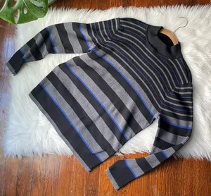 Karen Scott Charcoal Grey & Blue Stripe Mock Neck Sweater 100% cotton thumbnail 1