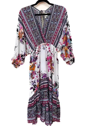 Umgee High Low Hem V Neck Floral and Paisley print balloon sleeves boho thumbnail 2
