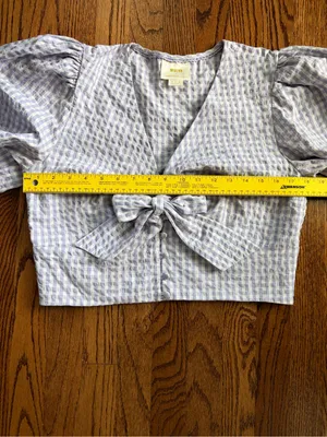 Maeve Anthropologie Cropped Gingham Bow Blouse Lavender Sz 14 Cottage Coastal thumbnail 12