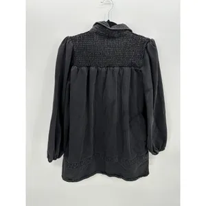 Veveret Womens Smocked Denim Shirt Jacket Puff Sleeve Washed‎ Black Small thumbnail 2
