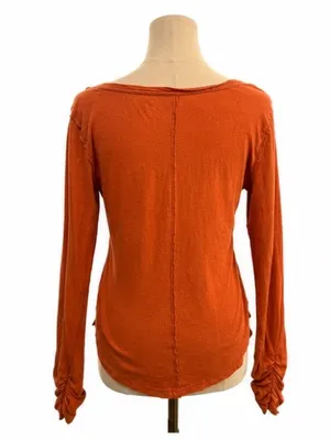 Pilcro by Anthropologie Linen Cotton Ruched Sleeve Henley Top Burnt Orange Med thumbnail 2