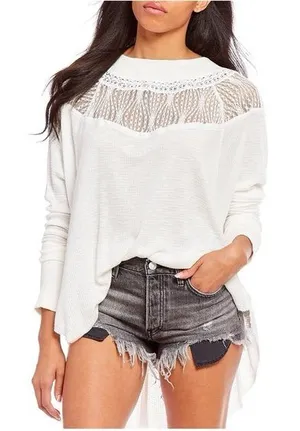 Free People Spring Valley‎ Lace Detail Waffle Knit Henley Size Small thumbnail 1