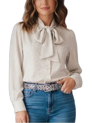 Babaton Textured Tie-Neck Long Sleeve Button-Down Blouse Size XS thumbnail 1