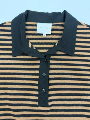 Reformation Anna Rugby Shirt Black And Tan Stripe Extra Large Crop Polo Sporty thumbnail 10