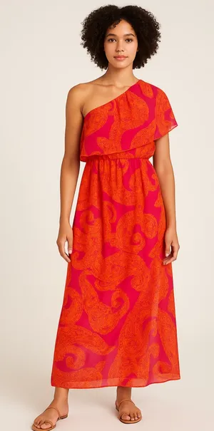 Nine & Co. Women’s One-Shoulder Maxi Dress Size 10 Orange Pink Paisley thumbnail 1