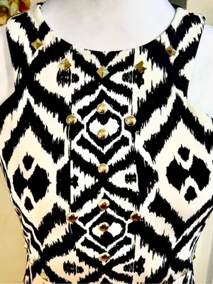 💥Belle Badgley Mischka Ikat Studded Halter Maxi Dress Black Ivory Sz 2💛 thumbnail 6