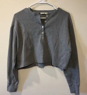 Wilfred Free Mavis Cropped Henley Thermal Heather Gray Womens small thumbnail 1