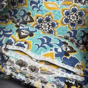Quilted Butterfly Print Tote Bag Black‎ Blue Yellow Floral Interior Lace Trim thumbnail 5