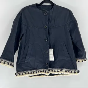Zara Basic Pom Pom Trim Jacket XS Navy Cotton Boho Embroidered NWT thumbnail 1