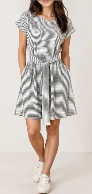 J.Crew S Black White Striped T-Shirt Dress Tie Waist‎ Short Sleeve 100% Cotton thumbnail 1