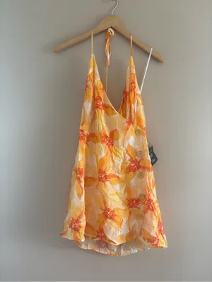 Lulus Prue Orange Floral Halter Mini Dress Size large Sleeveless V Neck Vacation thumbnail 5