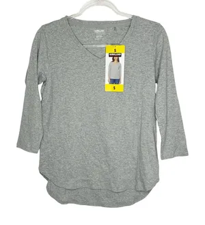 Kirkland Signature Gray 3/4 Sleeve V- Neck Slub Tee 100% Cotton NWT Womens Small thumbnail 1