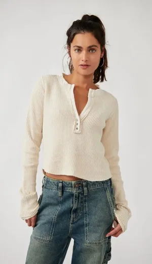 Free People Waffle-Knit Henley Long Sleeve Top in Cream sz XS thumbnail 1