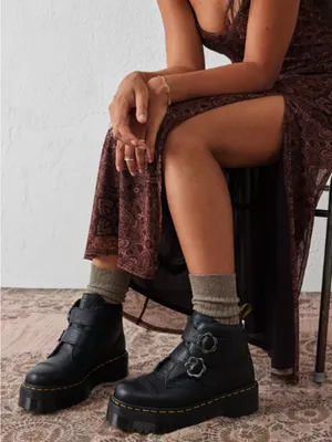 DR MARTENS Devon flower buckle black leather platform boots shoes women’s 9 new thumbnail 2