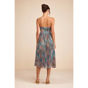 Lulus Juniva Teal Multi Abstract Print Pleated Bustier Midi Dress Cocktail S NWT thumbnail 3