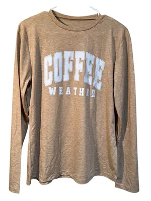 Women’s Size Small Long Sleeve T-Shirt Beige Tan White Coffee Weather Crewneck thumbnail 1