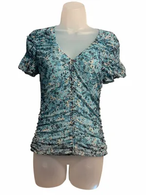 Anthropologie Floral Romantic Boho Shirred Mesh Ruched Stretchy Top Size XS thumbnail 2