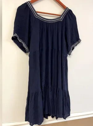 Anthropologie Olive+Oak Dress L Navy Blue Shift Short Tasseled ShortSleeve Lined thumbnail 2