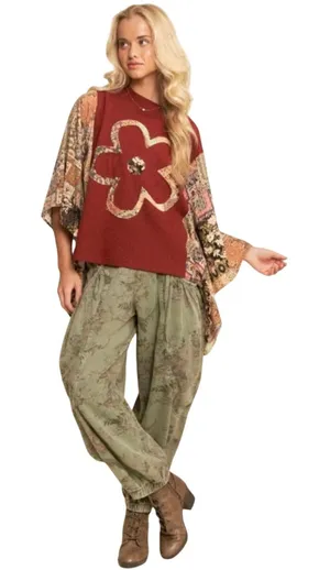 NWT DANI & DAVI Women’s Boho Flower Appliqué Printed Poncho Top thumbnail 1