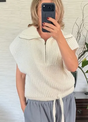 Bishop + Young Ivory Knit Sweater Vest Size S Half Zip Funnel Neck Drawstring He thumbnail 1