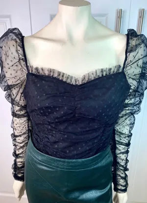 VICI Benefit Polka Dot Ruched Gathered Sleeve Mesh Tulle Top by Free the Roses thumbnail 7