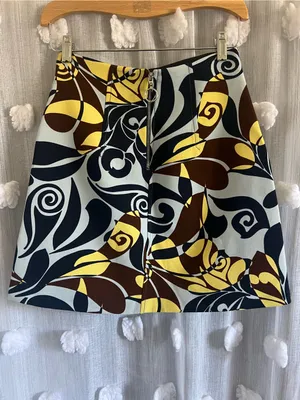 Zara Printed A-Line Mini Skirt in Yellow, Brown & Navy thumbnail 2