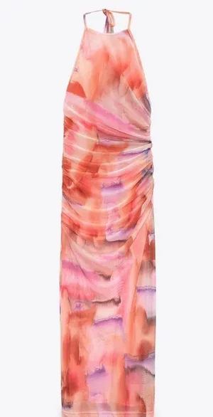 ZARA midi dres mesh fitted pink casual summer party drapped ruched tulle thumbnail 10