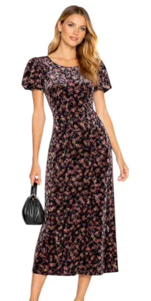 NWT Mable Leighton Floral Velvet Puff Sleeve Midi Dress Navy Size L thumbnail 1