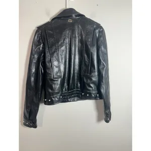 Twinset Milano Black‎ Genuine Leather Pearl Studded Biker Moto Jacket Womens S thumbnail 8