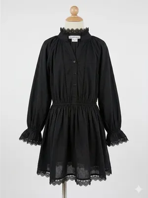 Girls' Black Long-Sleeve Lace-Trim Smocked Waist Dress Size12 100%Organic cotton thumbnail 2