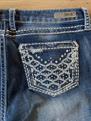Wrangler Rock 47 Ultra Low Rise Bootcut Jeans Size 32X32 Embroidered/Rhinestones thumbnail 11