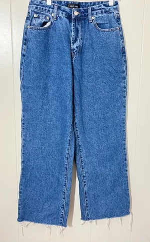 White Fox High Rise Wide Leg Jeans Blue Raw Hem Size M thumbnail 1