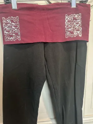 Vintage Black PINK Fold-Over Waistband Leggings - Black & Burgundy thumbnail 2