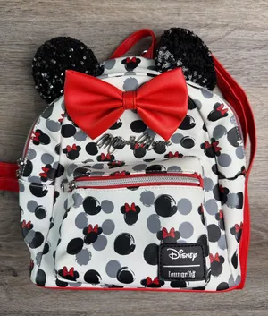 Loungefly Disney Minnie Mouse Mini Backpack Red Bow Black Sequin Ears Vegan thumbnail 1