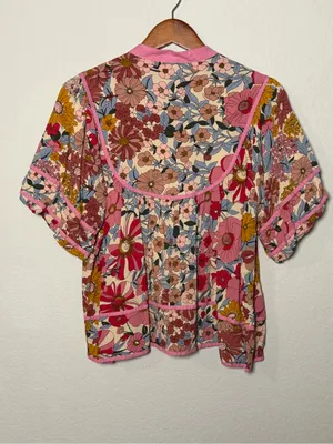 BiBi Medium Floral Boho Babydoll Blouse Pink Cottagecore Western Top Medium thumbnail 4