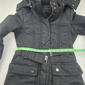 Zara Basic Black‎ Snap Button Pockets Full Zip Belted Lined Hooded Jacket Size M thumbnail 8