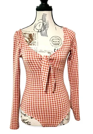 Storia Red White Gingham Check Long Sleeve Bodysuit Front Tie Keyhole Bow Small thumbnail 1
